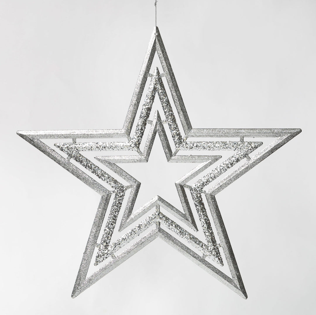 Silver Glitter Hanging Star Christmas Tree Decoration 