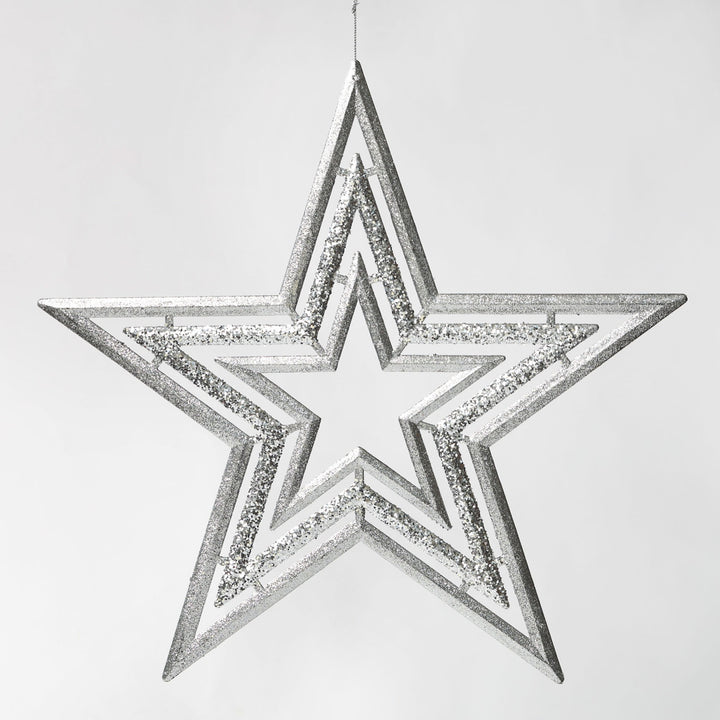 Silver Glitter Hanging Star Christmas Tree Decoration 