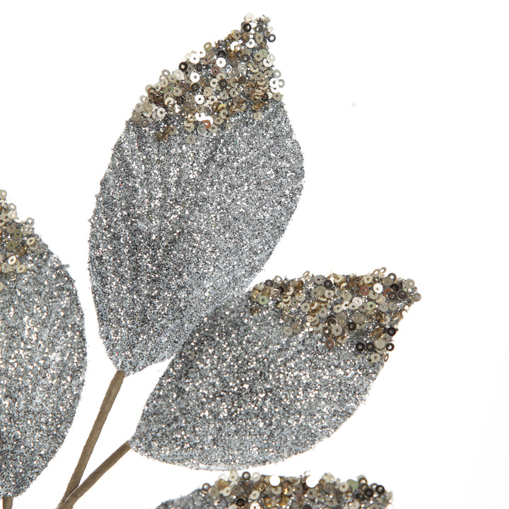 Silver Glitter Leaf Spray with Sequin Tips