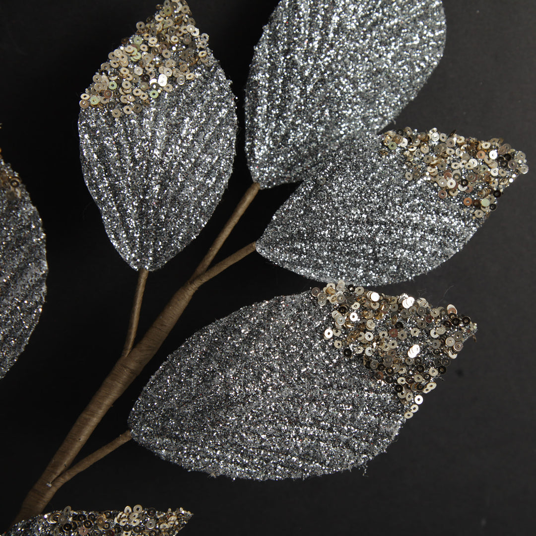 Silver Glitter Leaf Spray with Sequin Tips