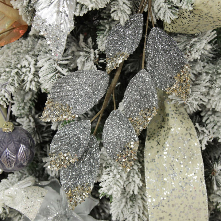 Silver Glitter Leaf Spray with Sequin Tips