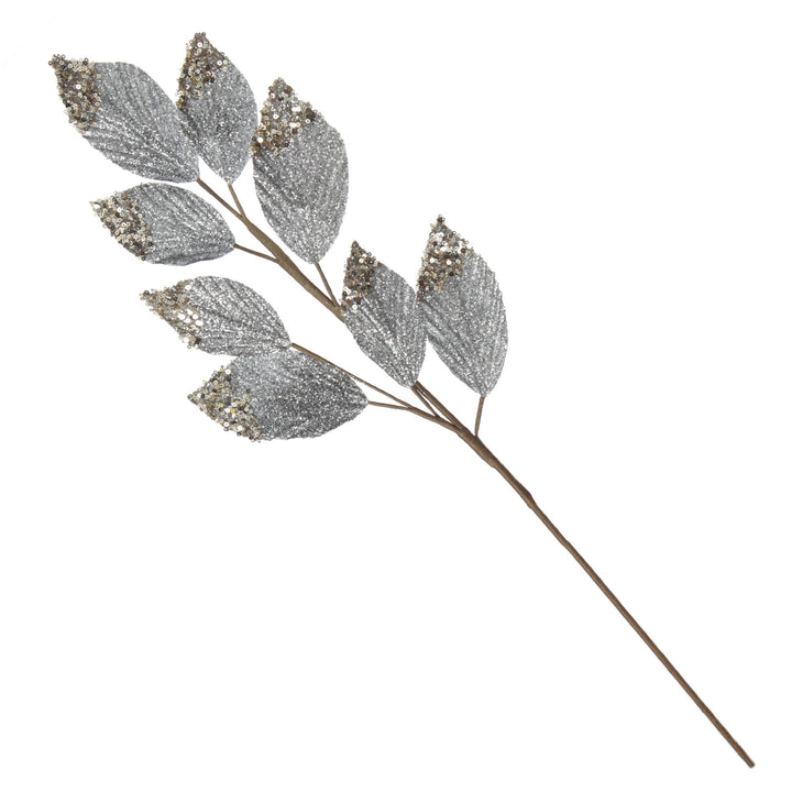 Silver Glitter Leaf Spray with Sequin Tips