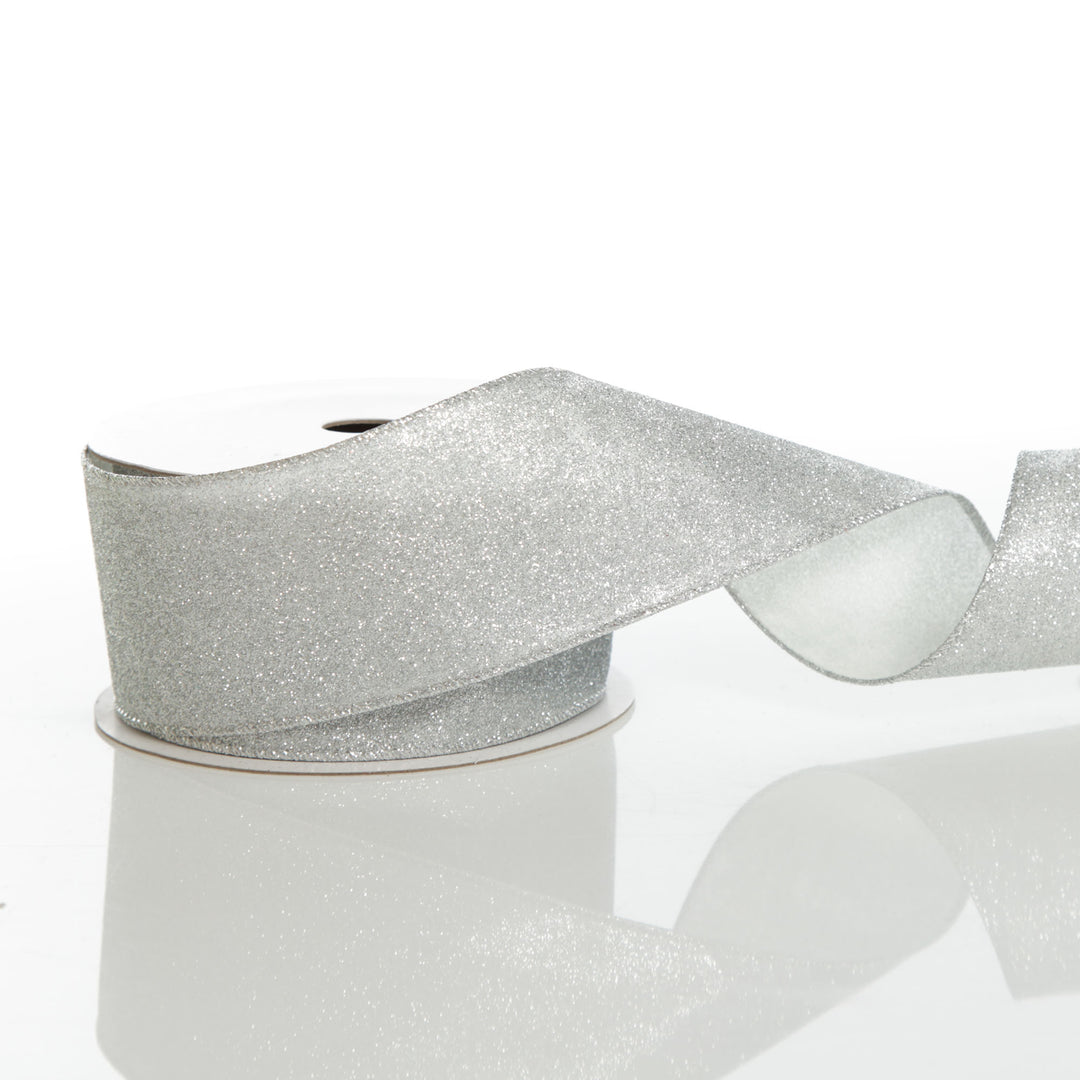 Silver Glitter Wired Christmas RIbbon - 6.5cm