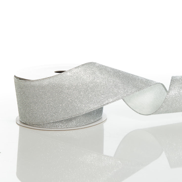 Silver Glitter Wired Christmas RIbbon - 6.5cm