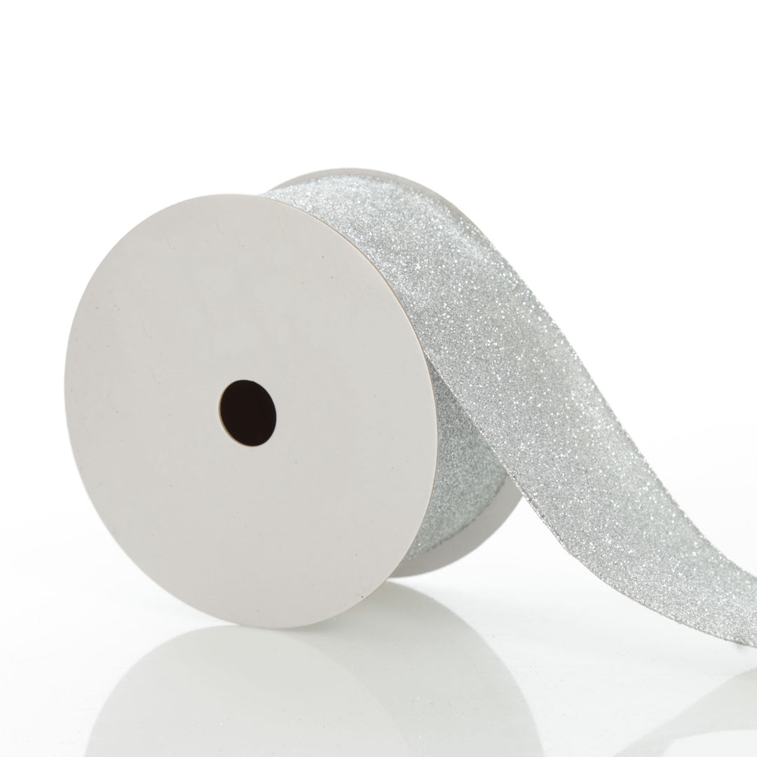 Silver Glitter Wired Christmas RIbbon - 6.5cm