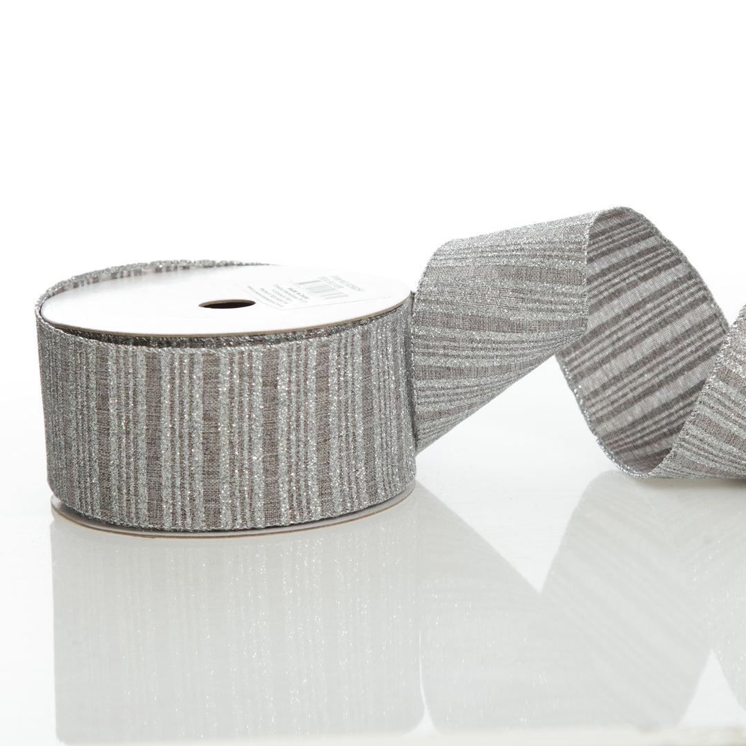 Silver Grey Glitter and Linen Striped Wired Ribbon - 6.5cm