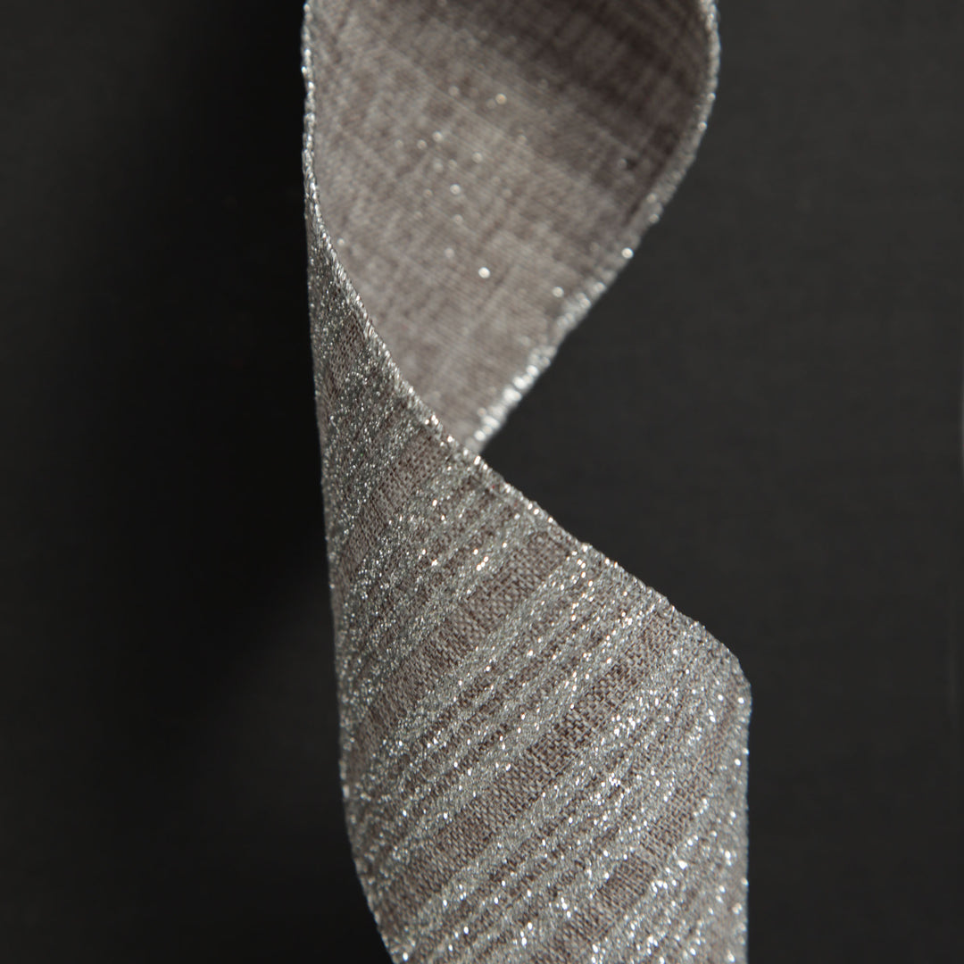 Silver Grey Glitter and Linen Striped Wired Ribbon - 6.5cm