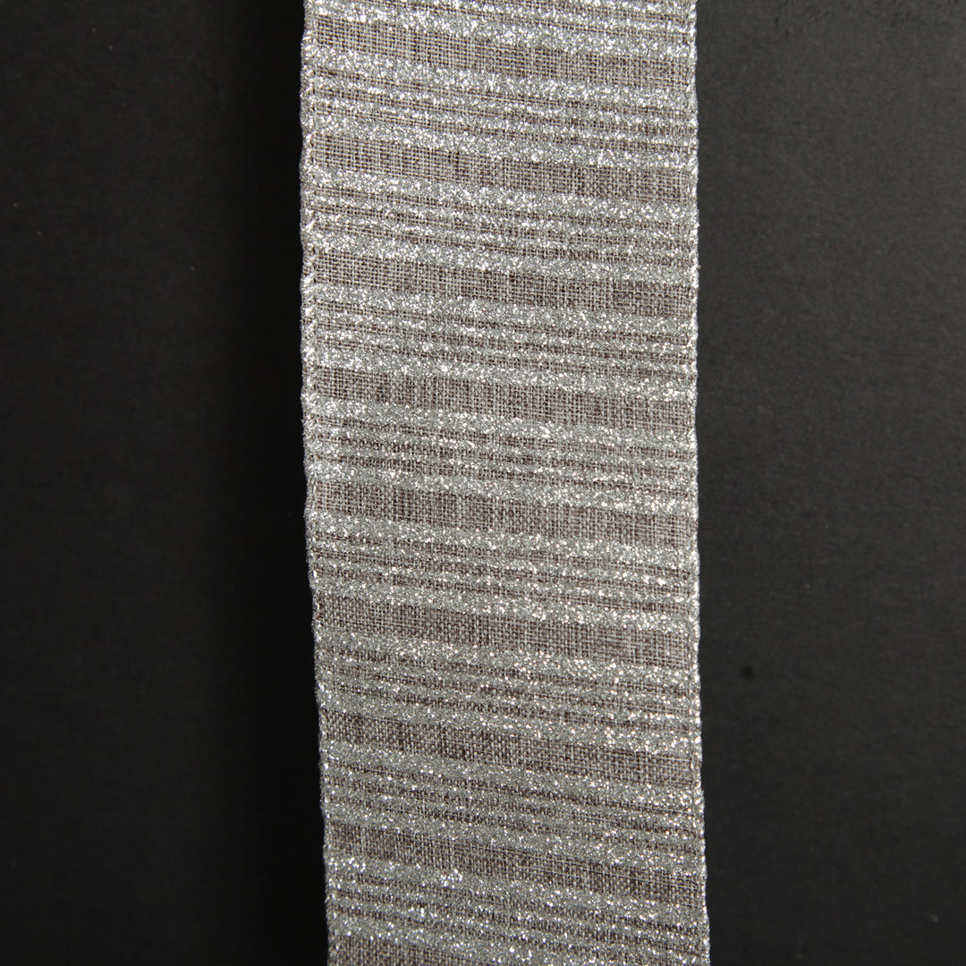 Silver Grey Glitter and Linen Striped Wired Ribbon - 6.5cm