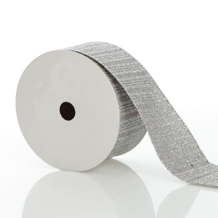 Silver Grey Glitter and Linen Striped Wired Ribbon - 6.5cm