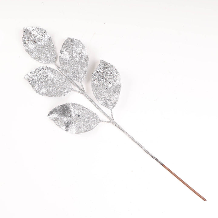 Silver Leaf Stem with Glitter Finish - 60cm