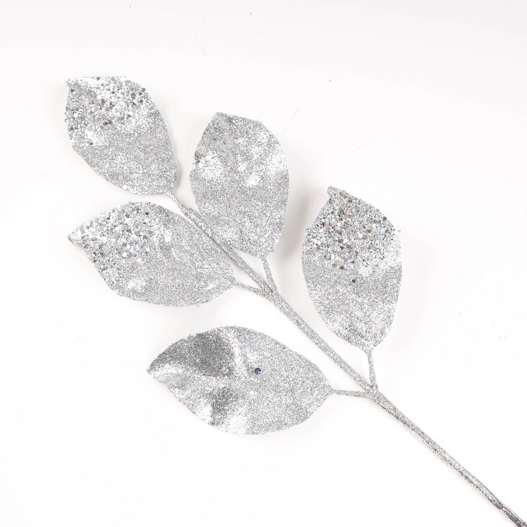 Silver Leaf Stem with Glitter Finish - 60cm