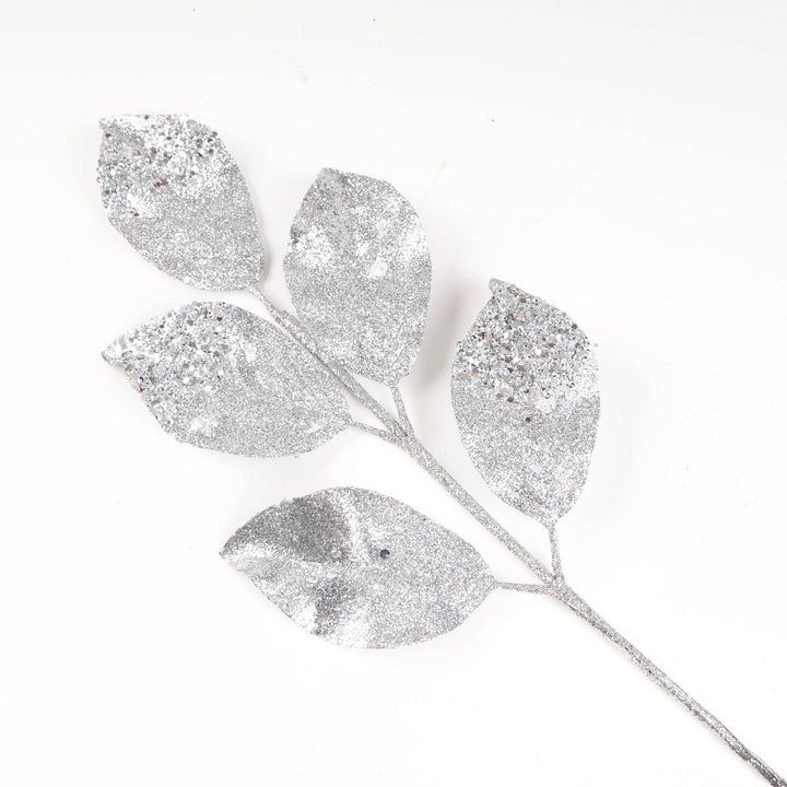 Silver Leaf Stem with Glitter Finish - 60cm