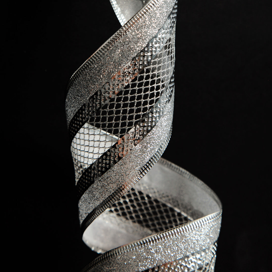 Silver Mesh and Glitter Edge Wired Christmas Ribbon