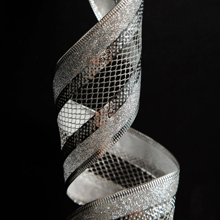 Silver Mesh and Glitter Edge Wired Christmas Ribbon