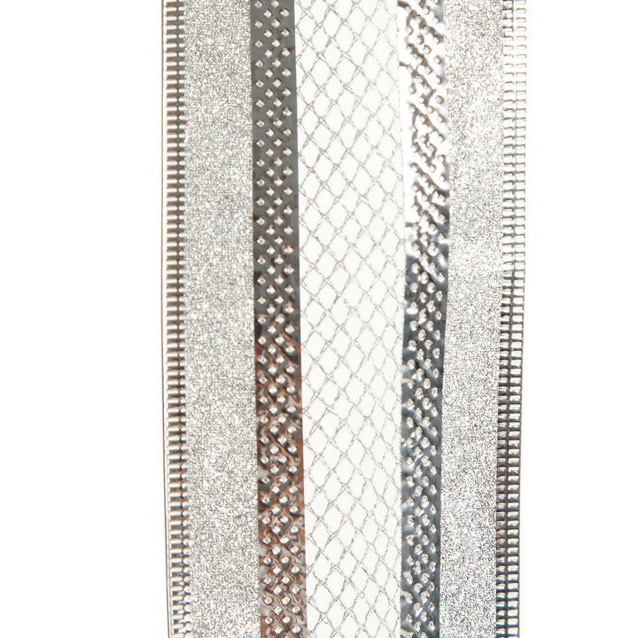Silver Mesh and Glitter Edge Wired Christmas Ribbon