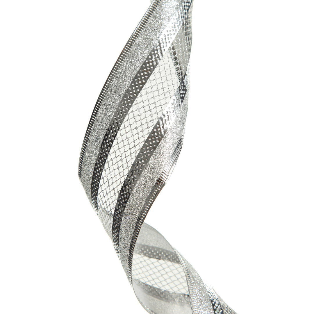 Silver Mesh and Glitter Edge Wired Christmas Ribbon