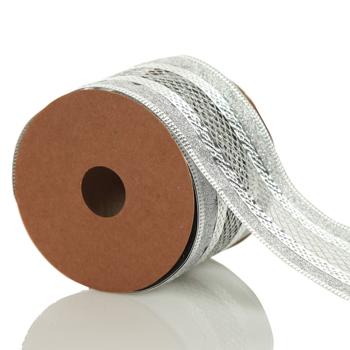 Silver Mesh and Glitter Edge Wired Christmas Ribbon