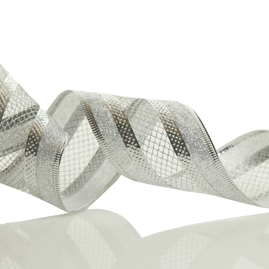 Silver Mesh and Glitter Edge Wired Christmas Ribbon