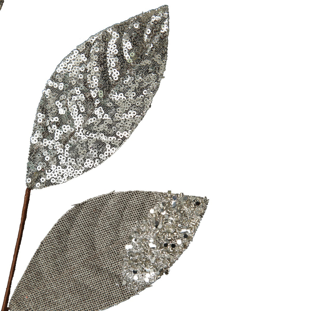 Silver Mixed Leaf Burlap Sequin Spray Leaves detail