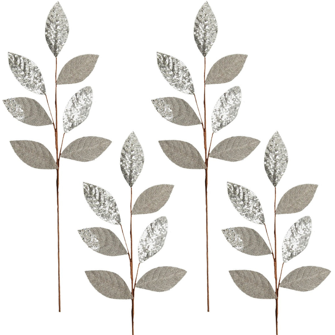 Silver Mixed Leaf Burlap Sequin Spray