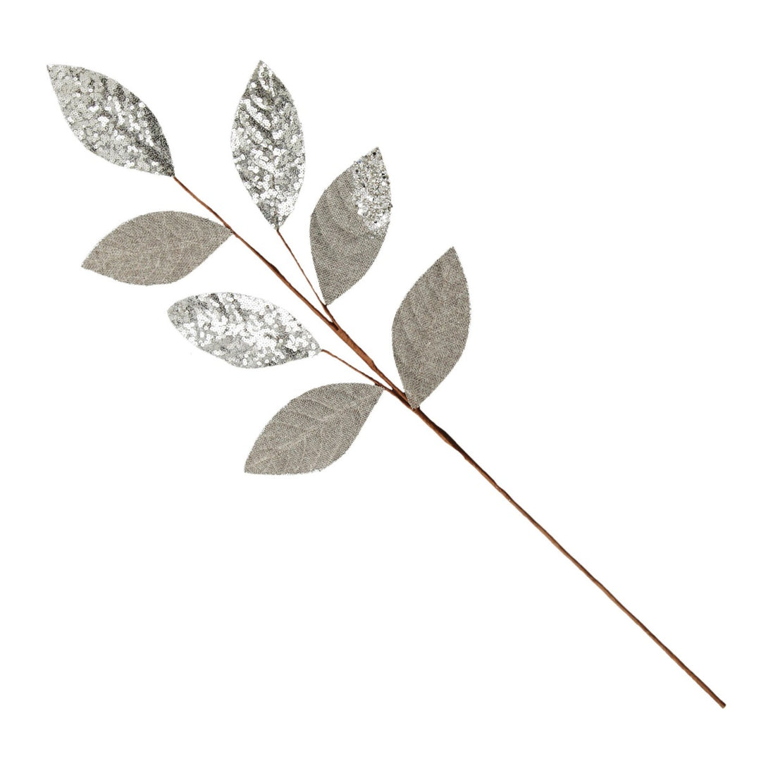 Silver Mixed Leaf Burlap Sequin Spray
