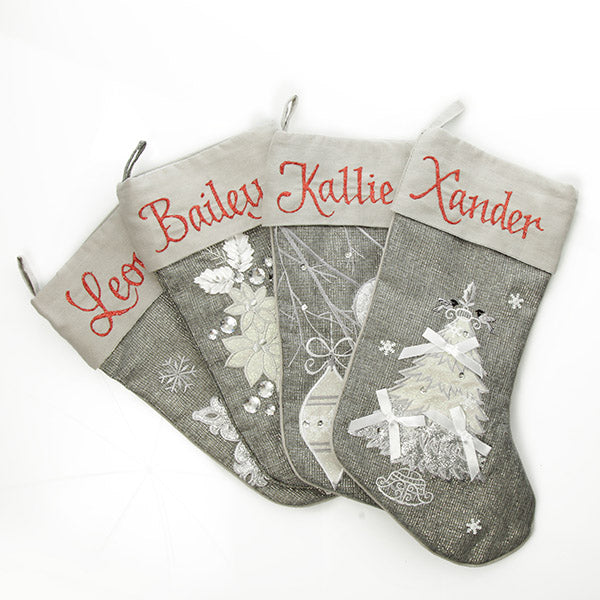 Personalised Silver Poinsettia Stocking - With Set (Each Sold Separate)