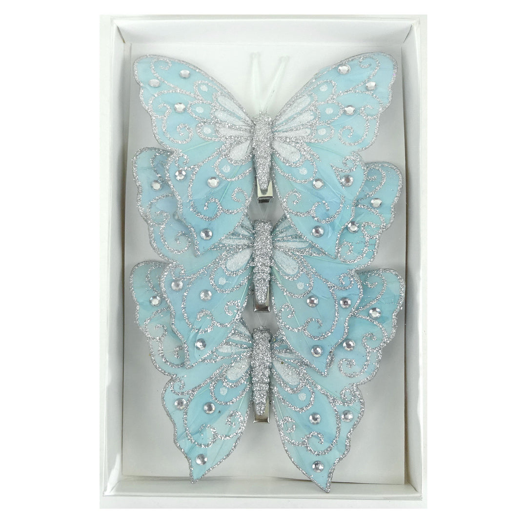 Sky Blue Feather Butterfly Clips - Set of 3