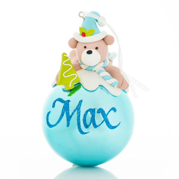 Personalised Blue Teddy Christms Character Bauble