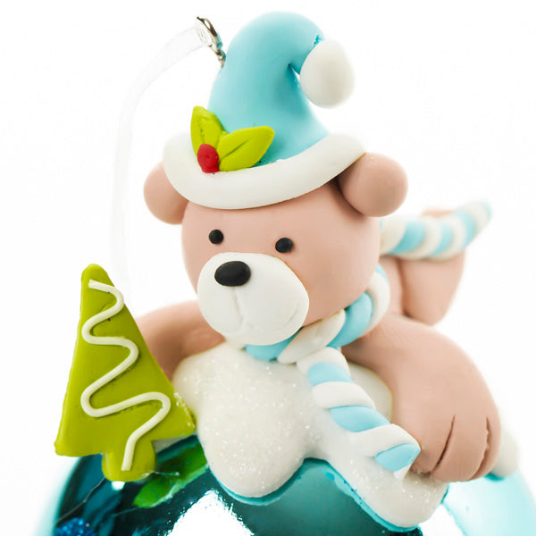 Personalised Blue Teddy Christms Character Bauble Detail