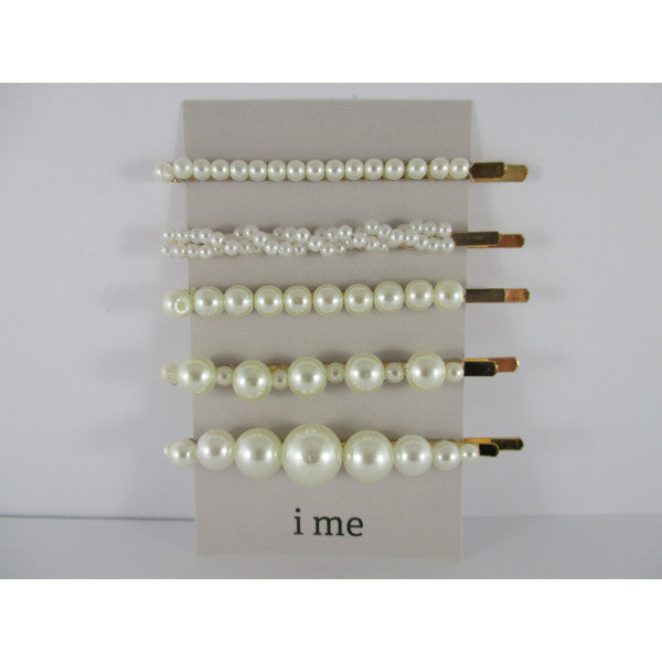 Hair Slides - Pearl/Gold Slides Multi - Set of 5