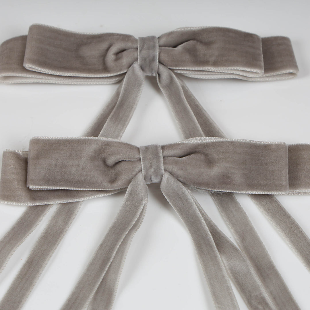 Grey Double Velvet Slimline Bow Clips - Set of 2