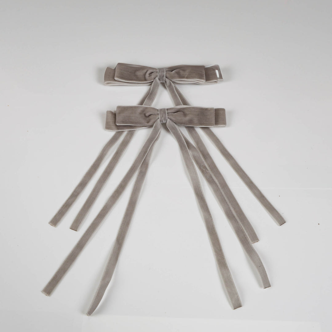 Grey Double Velvet Slimline Bow Clips - Set of 2