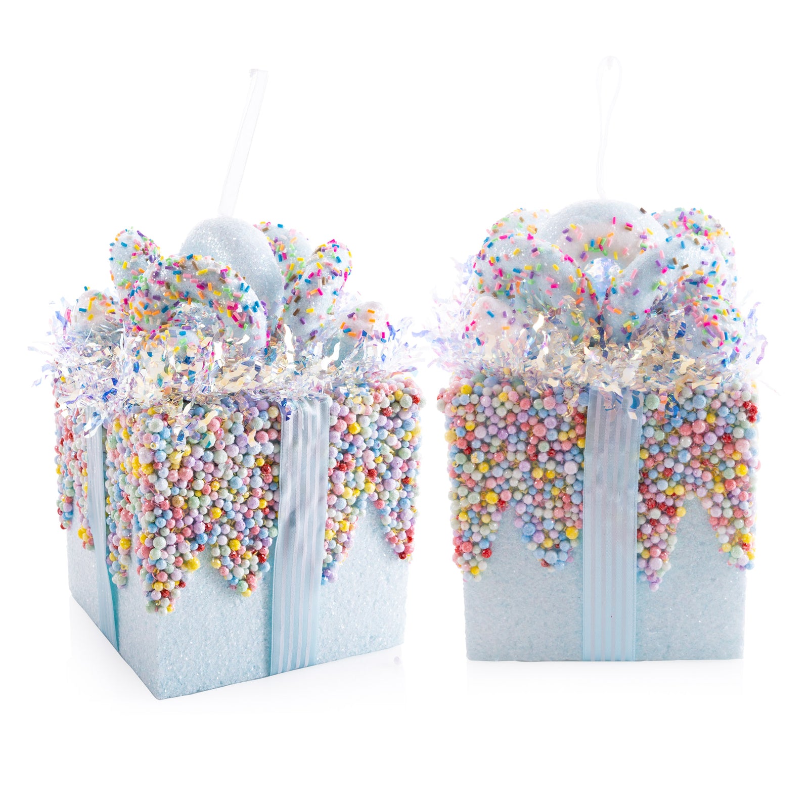 Small Pastel Blue Sprinkle Present Christmas Tree Decoration - Set of 2