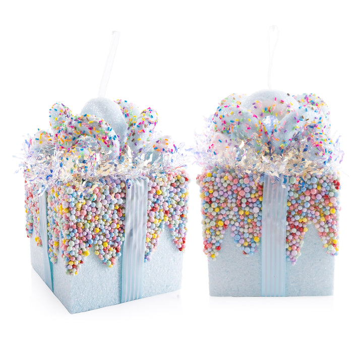 Small Pastel Blue Sprinkle Present Christmas Tree Decoration - Set of 2