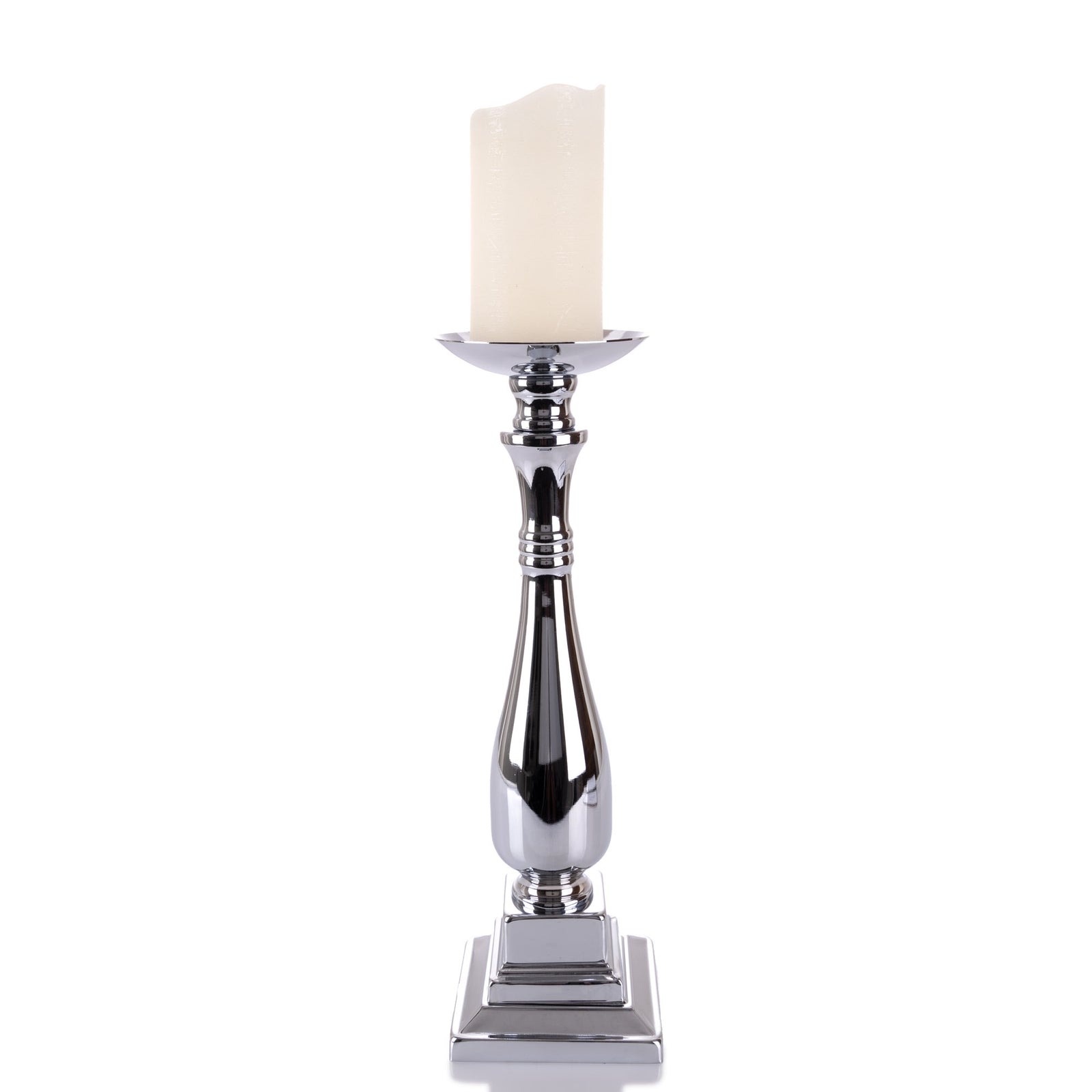 Square Base Candle Holder - Silver Mirror Finish 43cm(H)