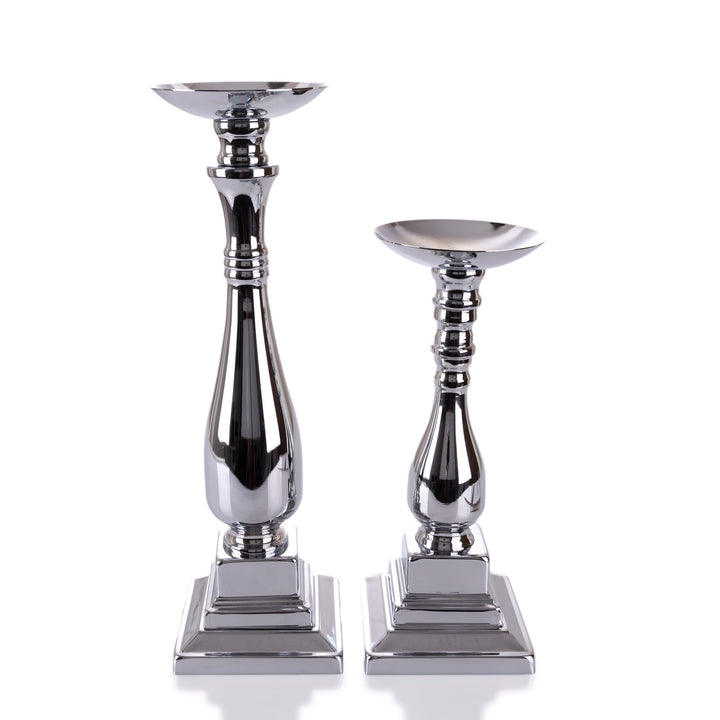 Square Base Candle Holder - Silver Mirror Finish 32cm(H)