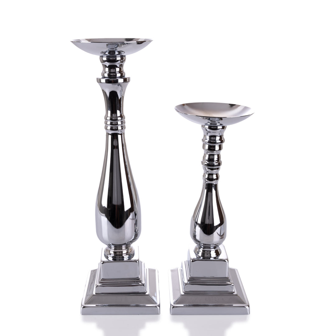 Square Base Candle Holder - Silver Mirror Finish 43cm(H)