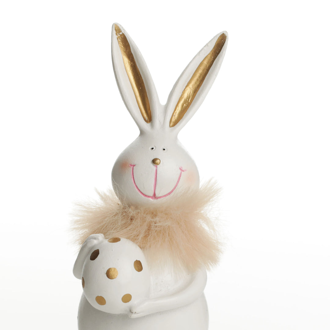 Standing Bunny Holding Egg with Gold Dots and Feathers