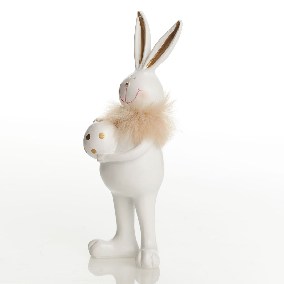 Standing Bunny Holding Egg with Gold Dots and Feathers