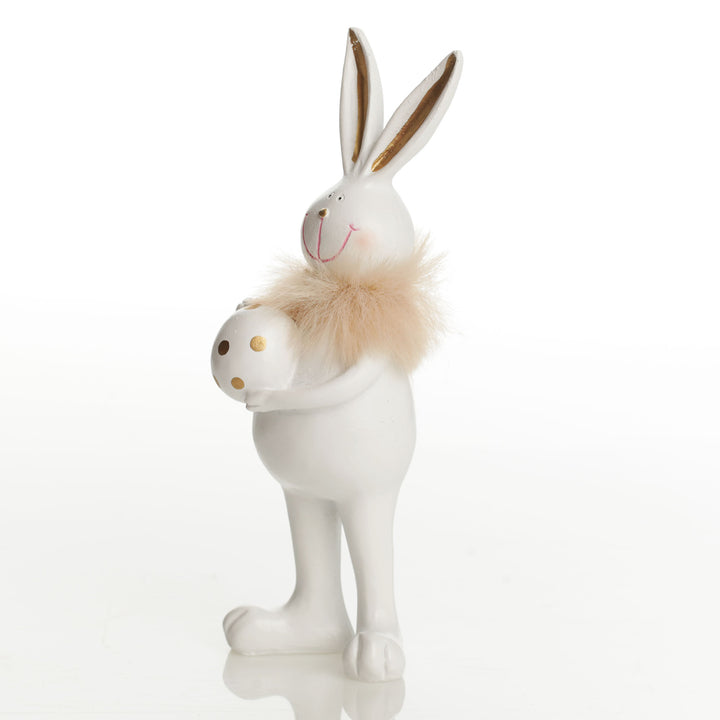 Standing Bunny Holding Egg with Gold Dots and Feathers