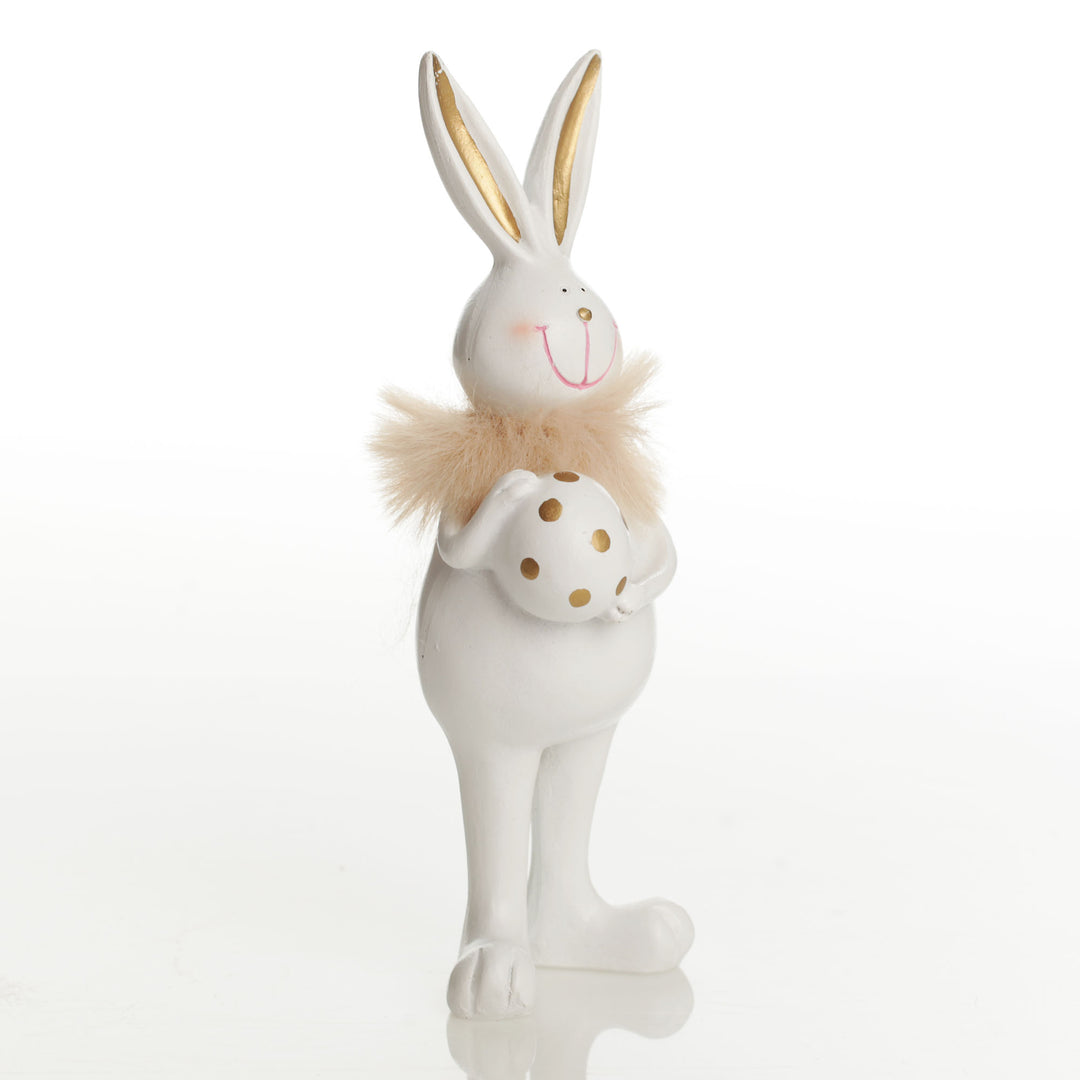 Standing Bunny Holding Egg with Gold Dots and Feathers