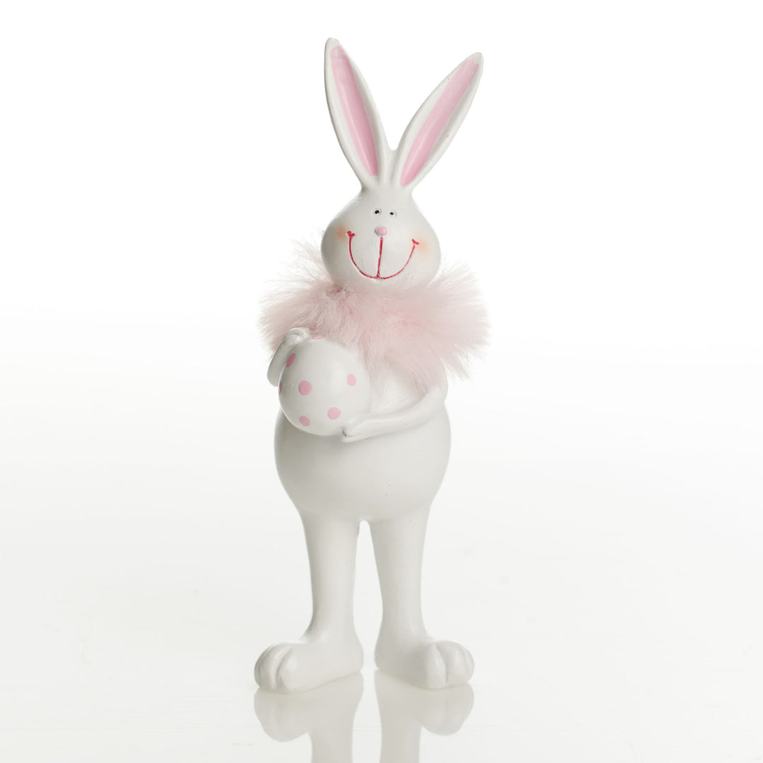 Standing Bunny Holding Egg with Pink Dots and Feathers