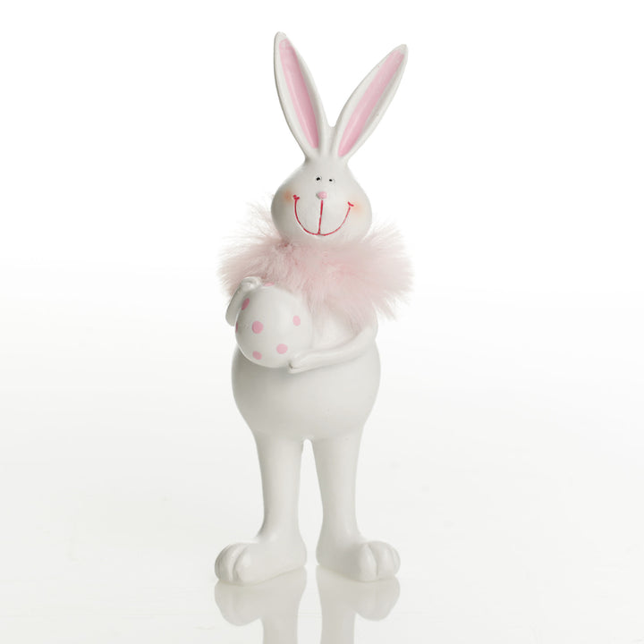 Standing Bunny Holding Egg with Pink Dots and Feathers