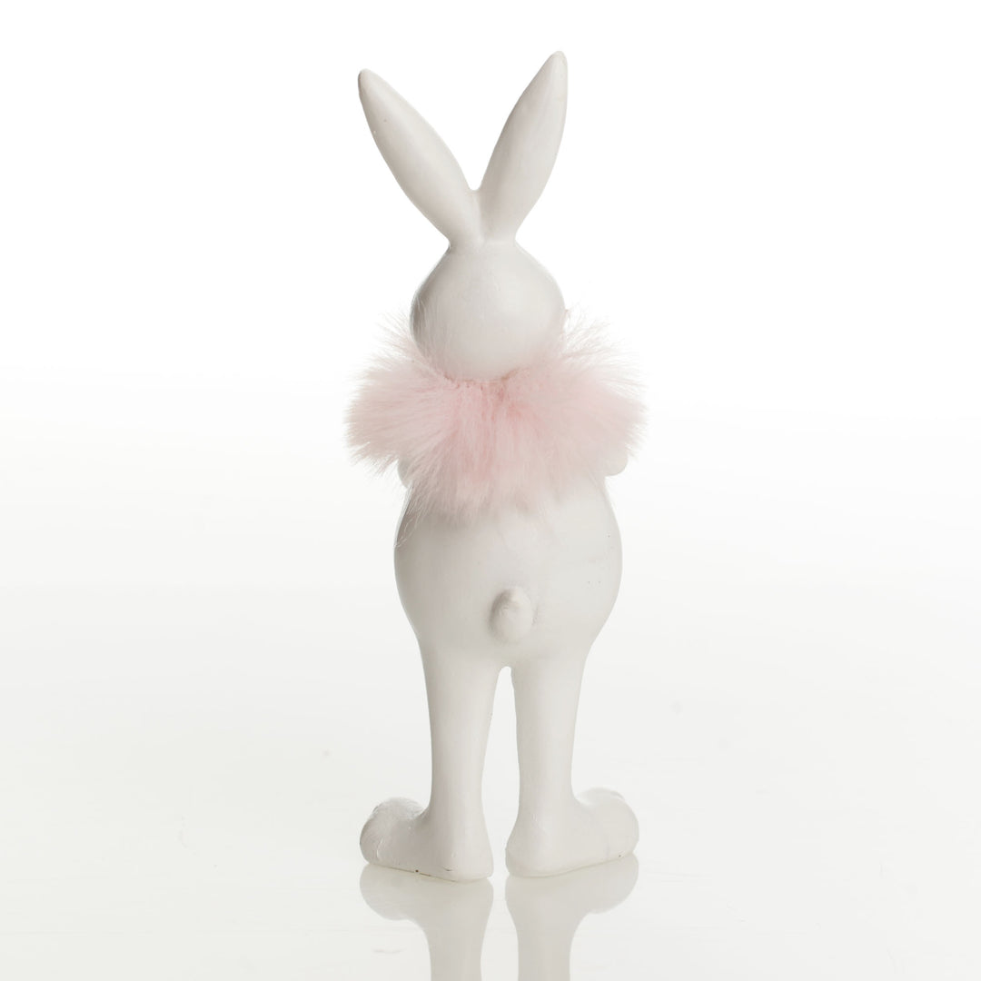 Standing Bunny Holding Egg with Pink Dots and Feathers
