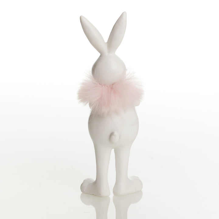 Standing Bunny Holding Egg with Pink Dots and Feathers
