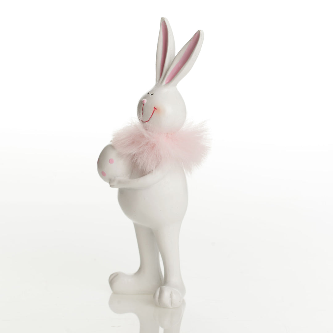 Standing Bunny Holding Egg with Pink Dots and Feathers
