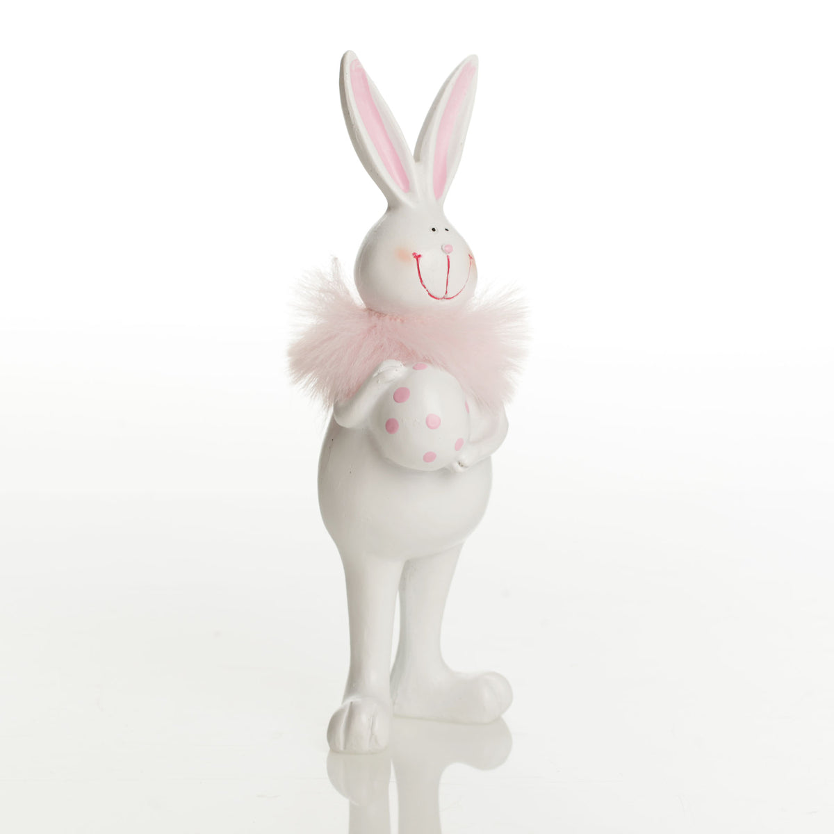 Standing Bunny Holding Egg with Pink Dots and Feathers