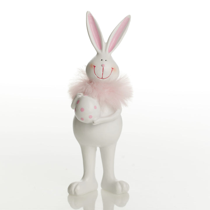Standing Bunny Holding Egg with Pink Dots and Feathers