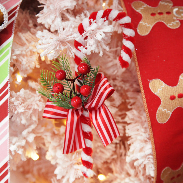 Medium Chenille Stick Christmas Candy Cane with Pine and Berries - Set of 2