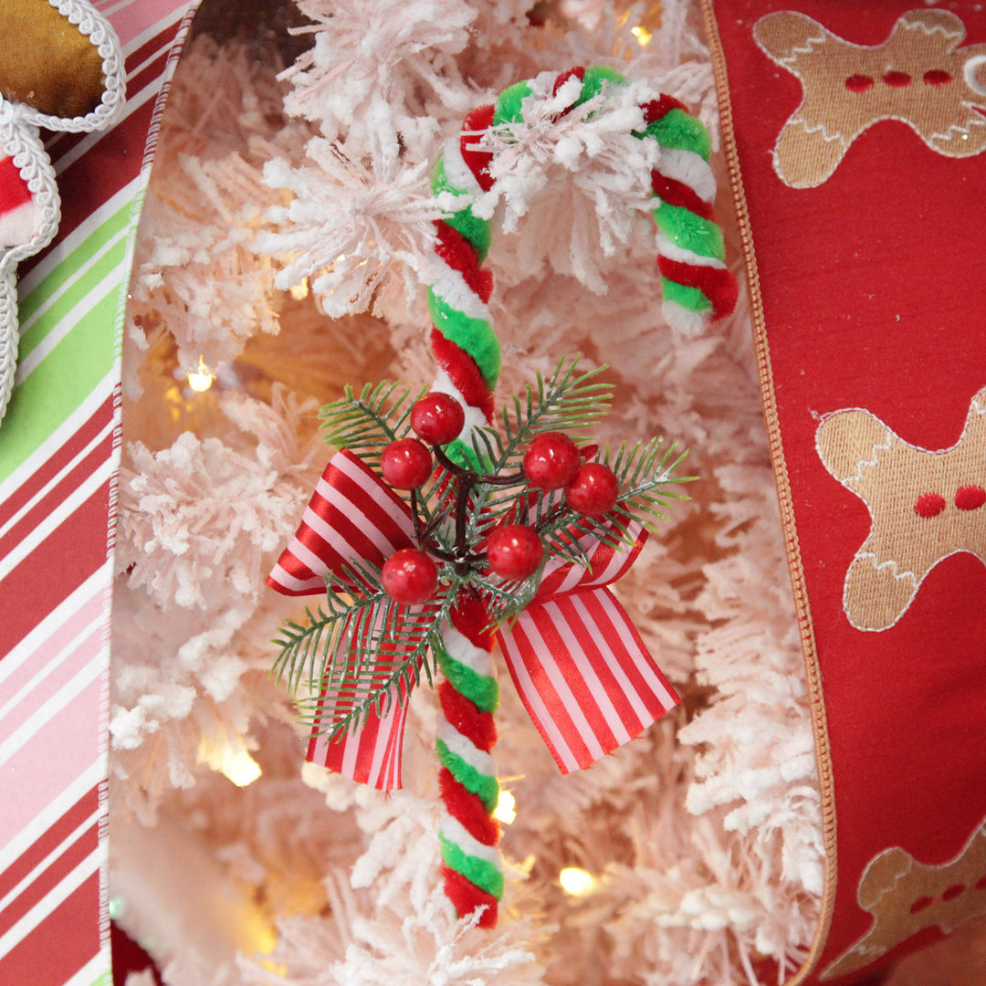 Medium Chenille Stick Christmas Candy Cane with Pine and Berries - Set of 2